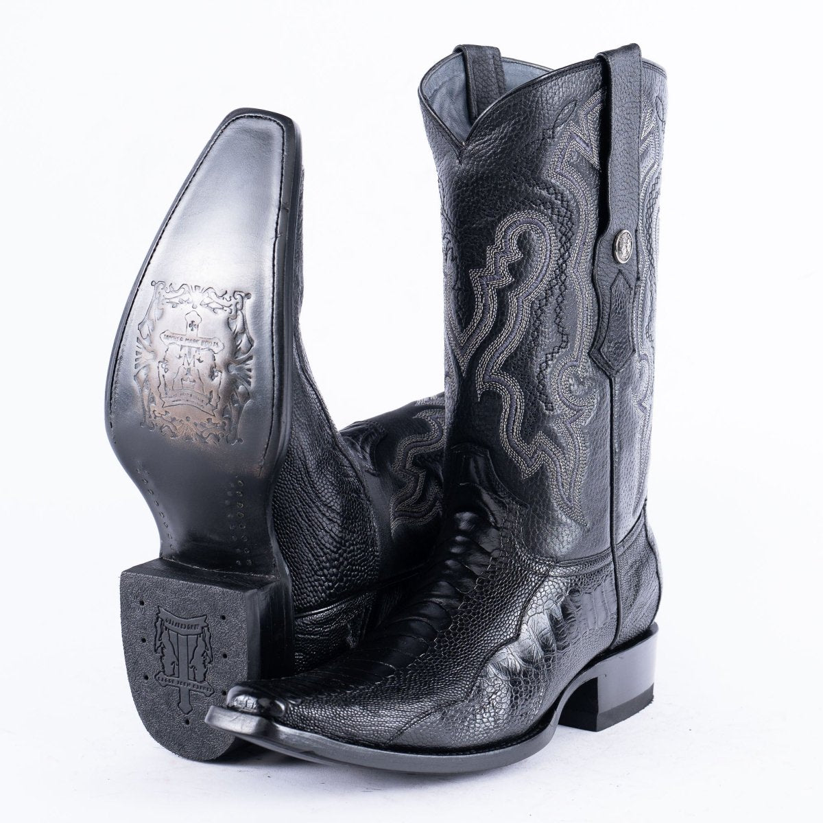 TANNER MARK EXOTIC LEATHER Ostrich Leg Black Cowboy Boots Euro Toe - Rancho Sementalvariable