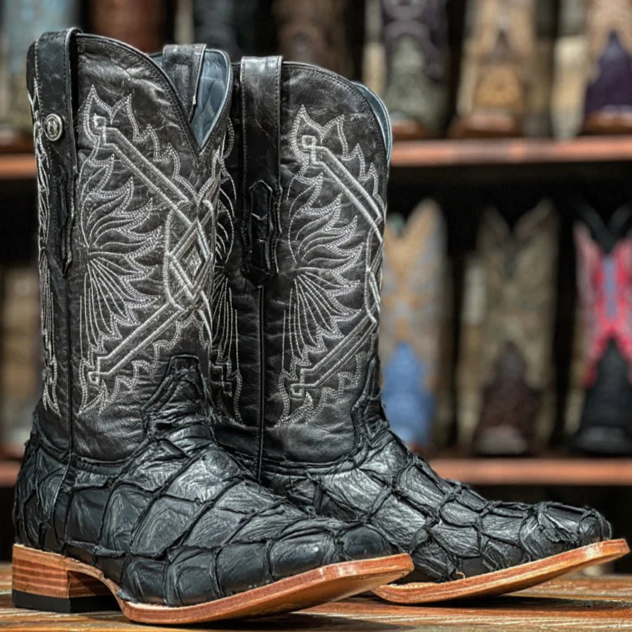 TANNER MARK MEN'S EXOTIC LEATHER Matte Monster Fish Black Western Boots With Oklahoma Black Top - Rancho Sementalvariable