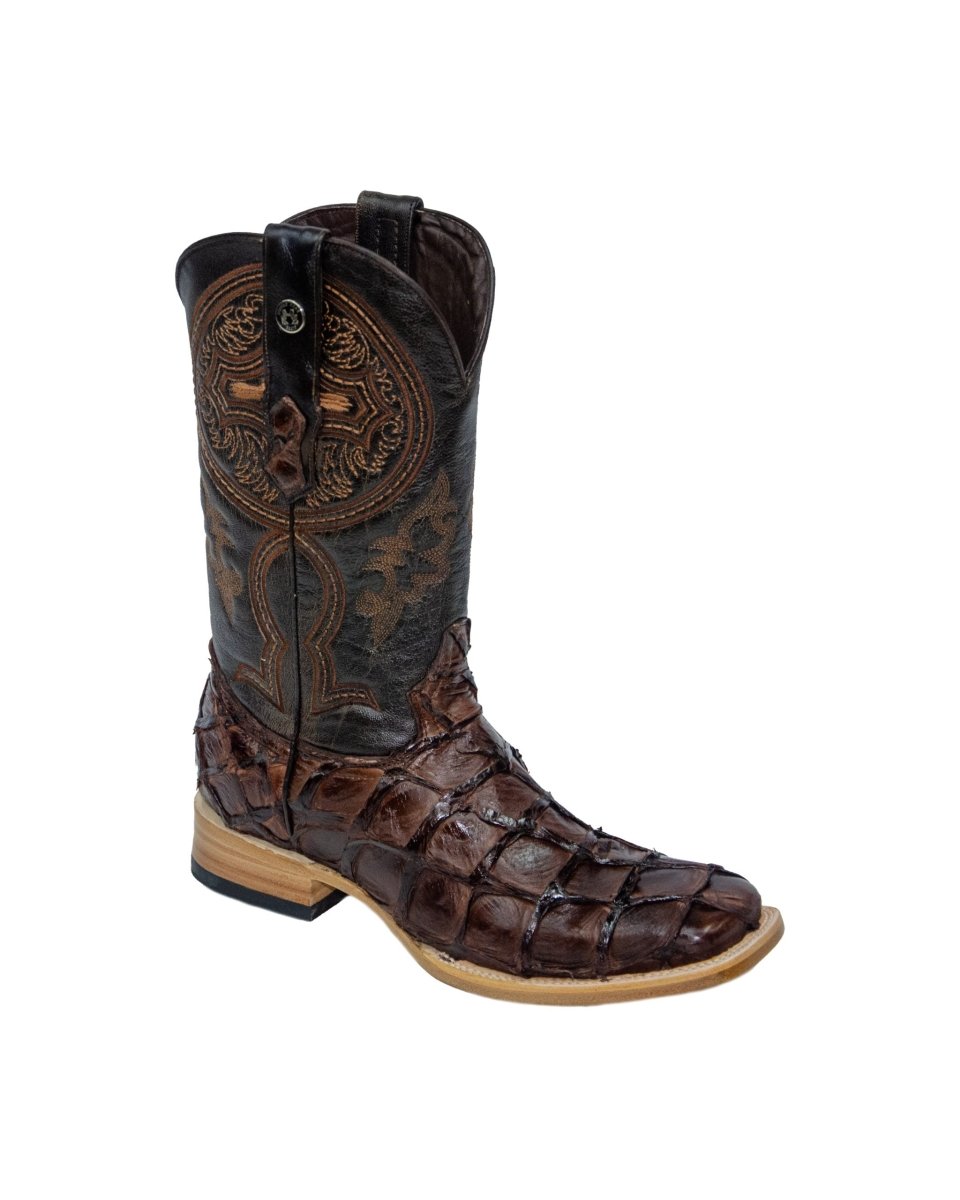 TANNER MARK MEN'S EXOTIC LEATHER Monster Fish Chocolate Brown Western Boots With Kabul Brown Top - Rancho Sementalvariable