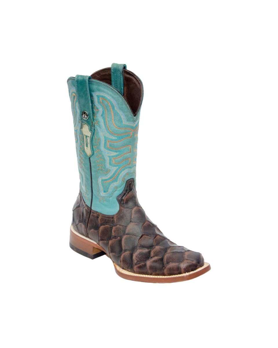 TANNER MARK MEN’S Matte Monster Fish Print Brown Western Boots Whit Volcano Turquoise Top - Rancho Sementalvariable