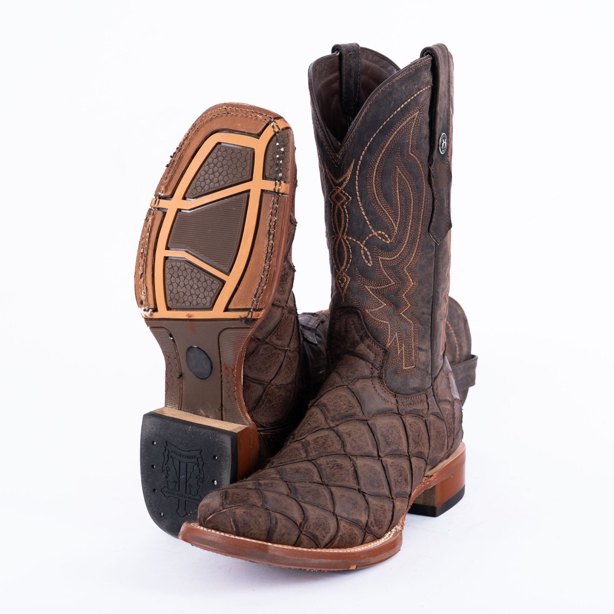 TANNER MARK MEN'S Print Monster Fish MD Nicotine Cowboy Boots Rubber Sole - Rancho Sementalvariable