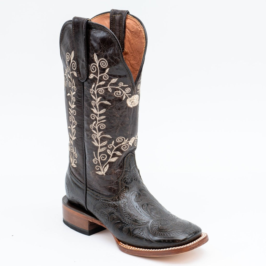 TANNER MARK WOMEN’S Baytown Hand Tooled Brown Print Cowgirl Boots Whit Floral Embroidery Top - Rancho Sementalvariable