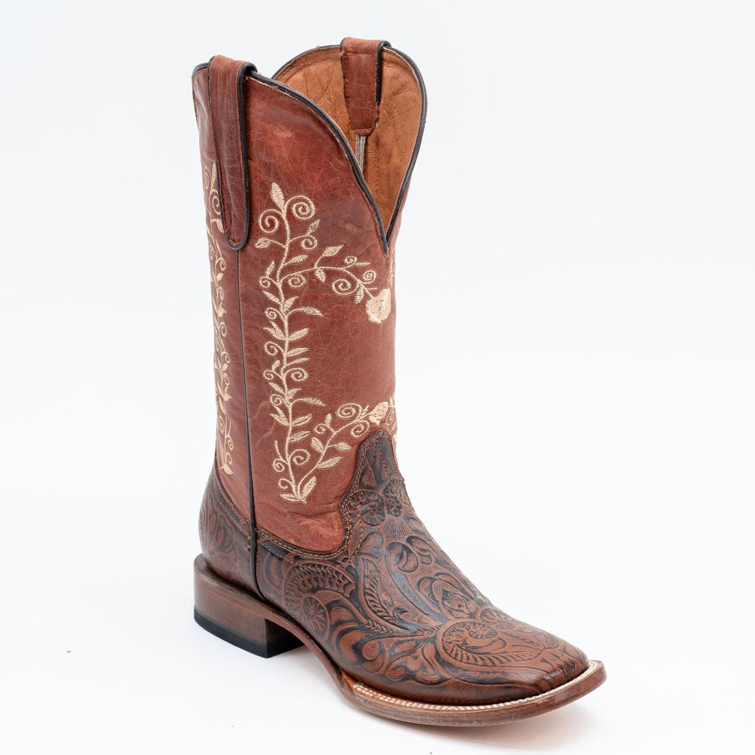 TANNER MARK WOMEN’S Conroe Hand Tooled Cognac Print Cowgirl Boots Whit Floral Embroidery Top - Rancho Sementalvariable