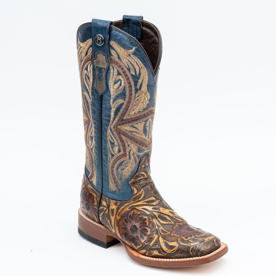 TANNER MARK WOMEN’S Hand Tool Jungle Orix - Cognac Cowgirl Boots With Volcano Blue Top - Rancho Sementalvariable