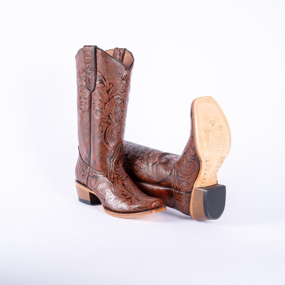 TANNER MARK WOMEN’S Handtooled Print Cognac Cowgirl Boots - Rancho Sementalvariable