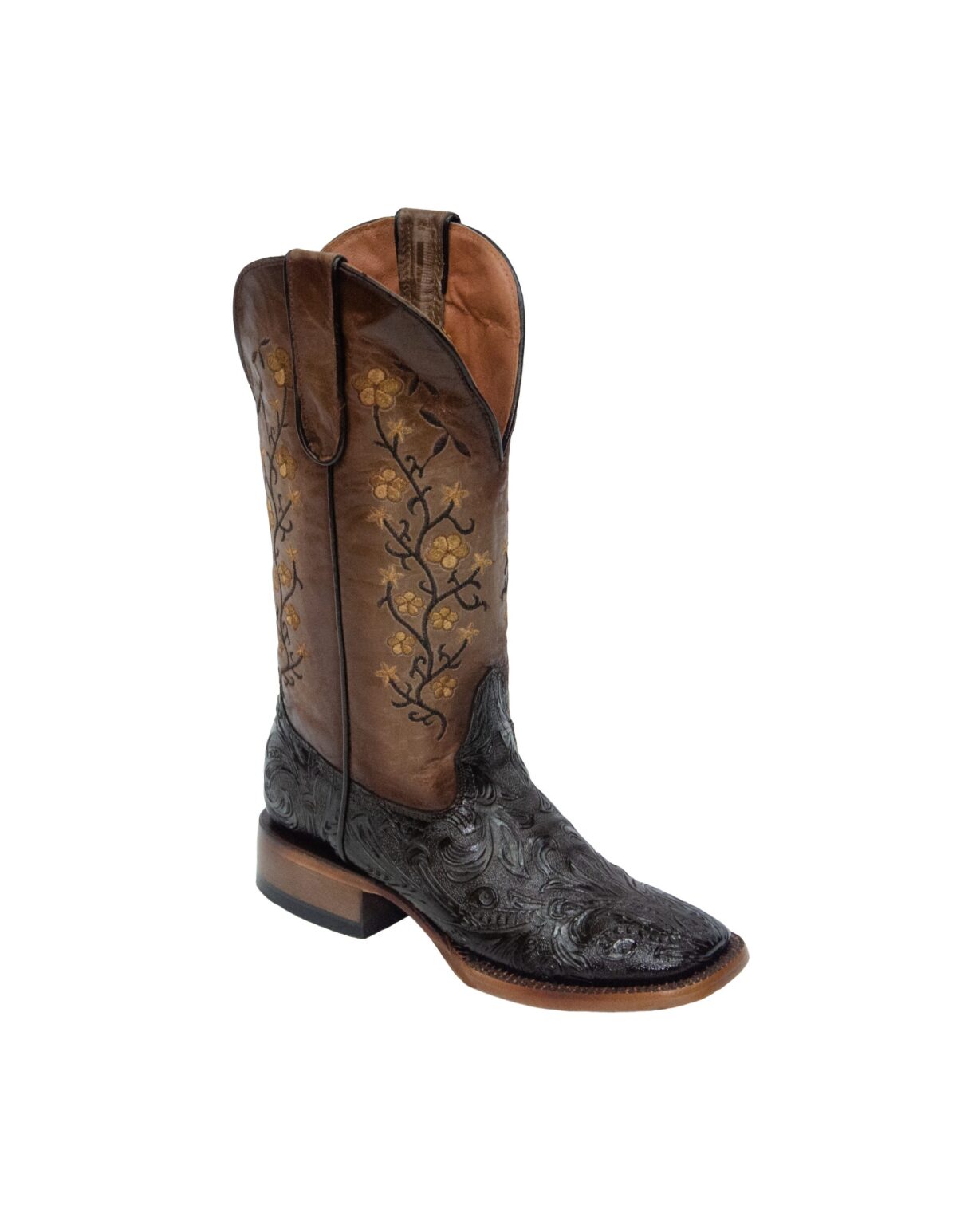 TANNER MARK WOMEN’S Barbara Hand Tool Burnished Brown Cowgirl Boots Whit Floral Embroidery Top