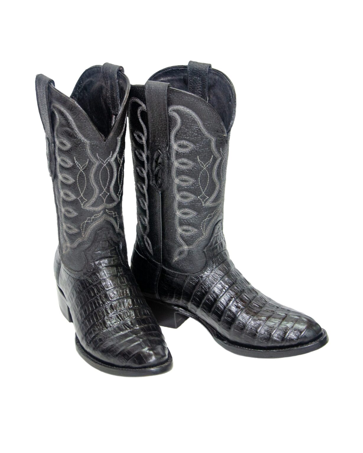 REPARO TX Men’s Caiman Tail Print Black Western Boots Whit Black Top