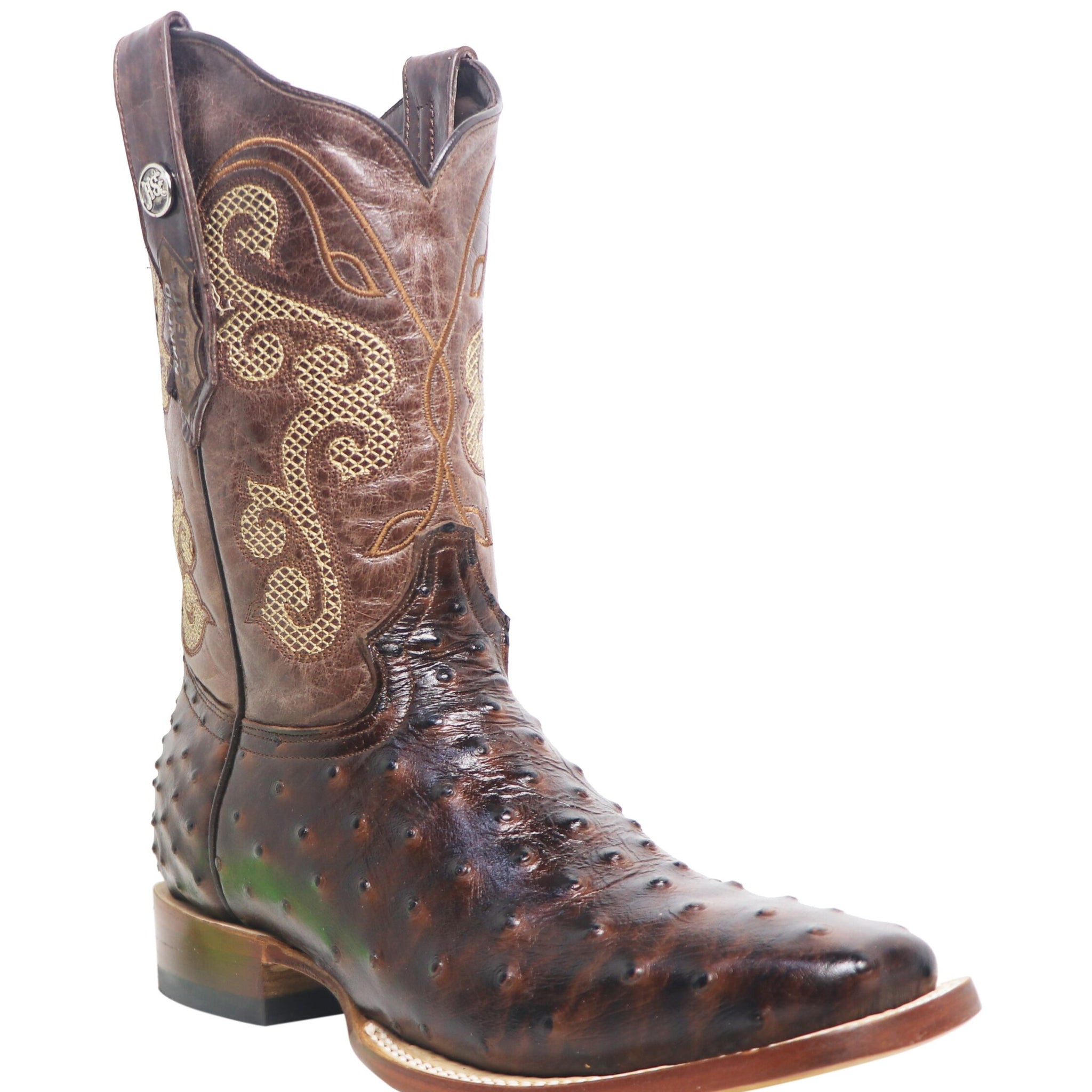 RANCHO SEMENTAL MEN’S Ostrich Print Brown Western Boots Whit Brown Top