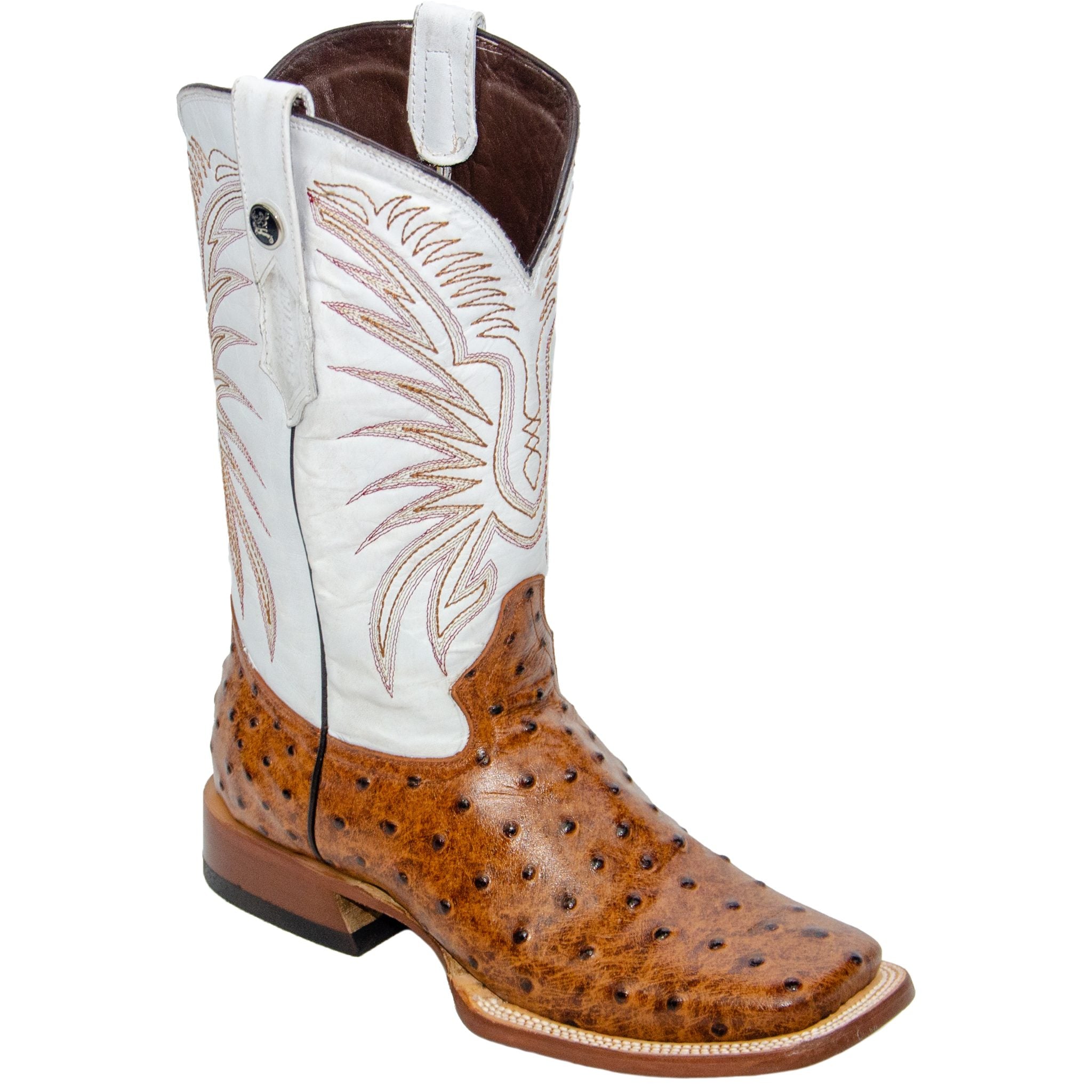 Botas vaqueras rústicas color coñac con estampado de avestruz para hombre de RANCHO SEMENTAL con parte superior blanca y triple costura 