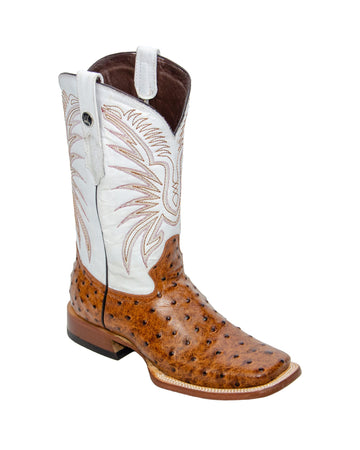 Botas vaqueras rústicas color coñac con estampado de avestruz para hombre de RANCHO SEMENTAL con parte superior blanca y triple costura 