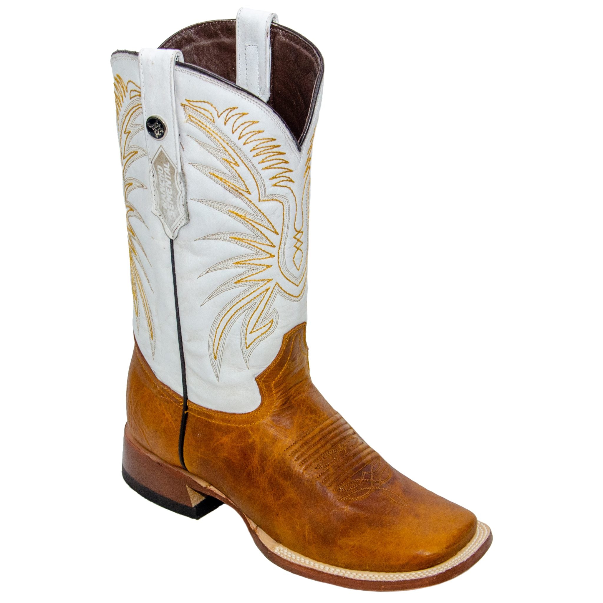 RANCHO SEMENTAL MEN’S Damiana Orange Western Boots Whit White Top Triple Stitch