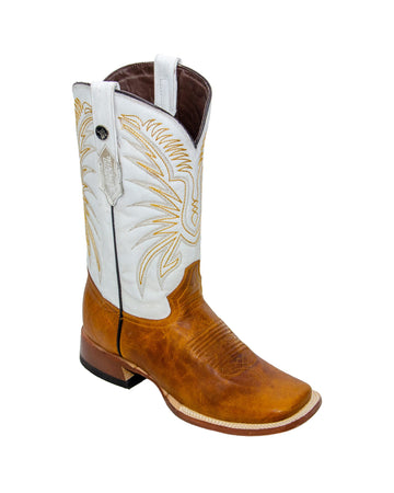 RANCHO SEMENTAL MEN’S Damiana Orange Western Boots Whit White Top Triple Stitch