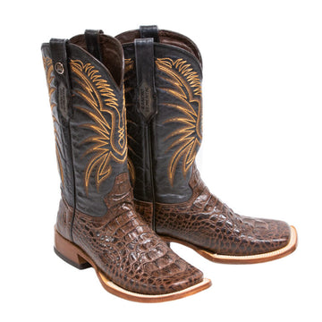 RANCHO SEMENTAL MEN’S Caiman Hornback Print Brown Western Boots Whit Black Top Triple Stitch