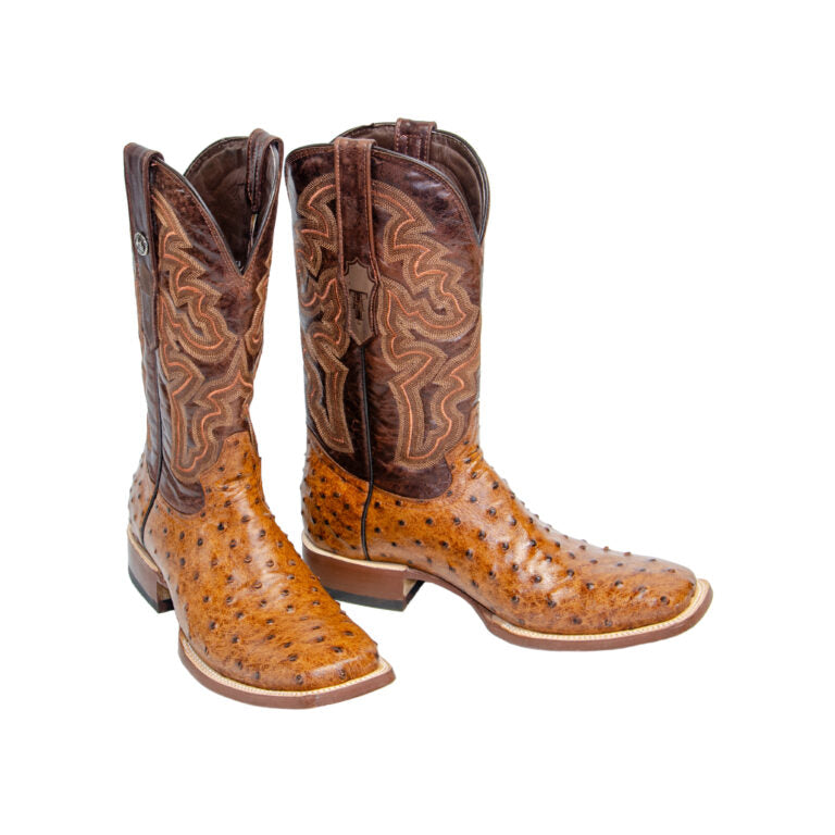 TANNER MARK MEN’S Ostrich Print Rustic Cognac Western Boots Whit Oklahoma Cognac Top