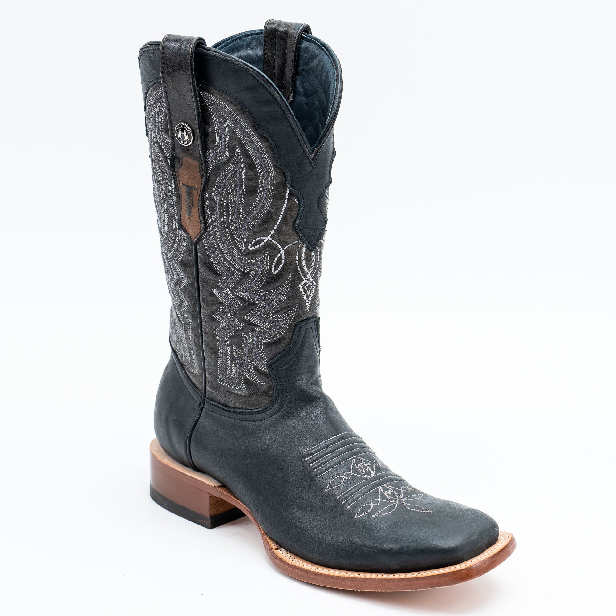 Botas vaqueras marrones con panza de caimán para hombre de TANNER MARK, parte superior azul volcán y suela híbrida