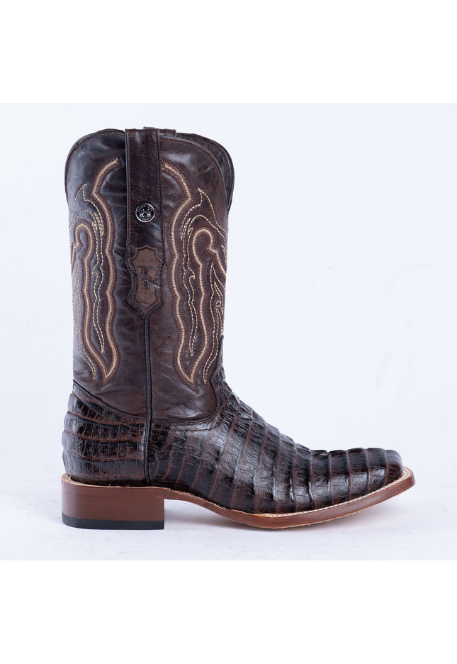 Botas vaqueras marrones con panza de caimán para hombre de TANNER MARK, parte superior azul volcán y suela híbrida