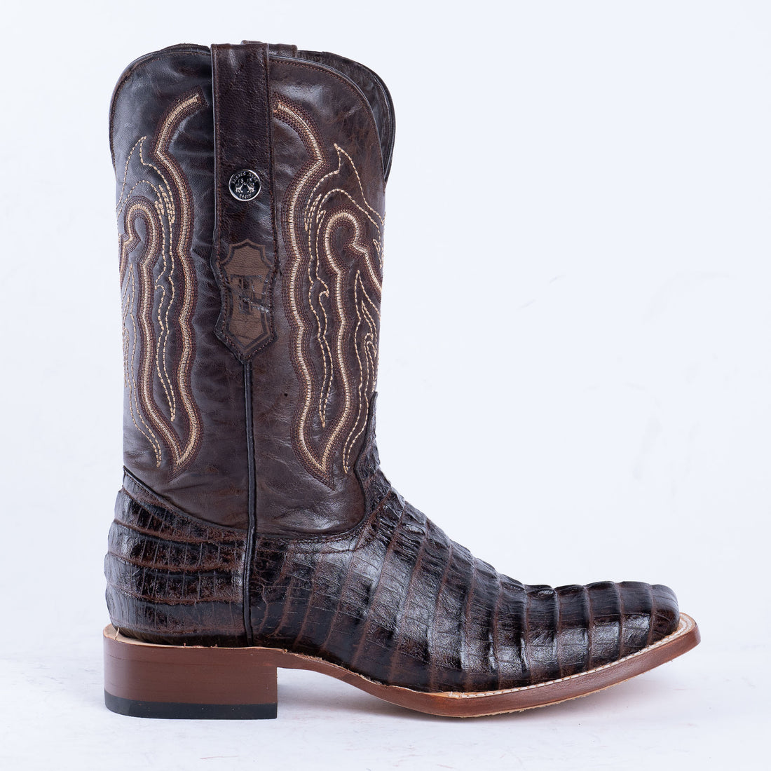 Botas vaqueras marrones con panza de caimán para hombre de TANNER MARK, parte superior azul volcán y suela híbrida