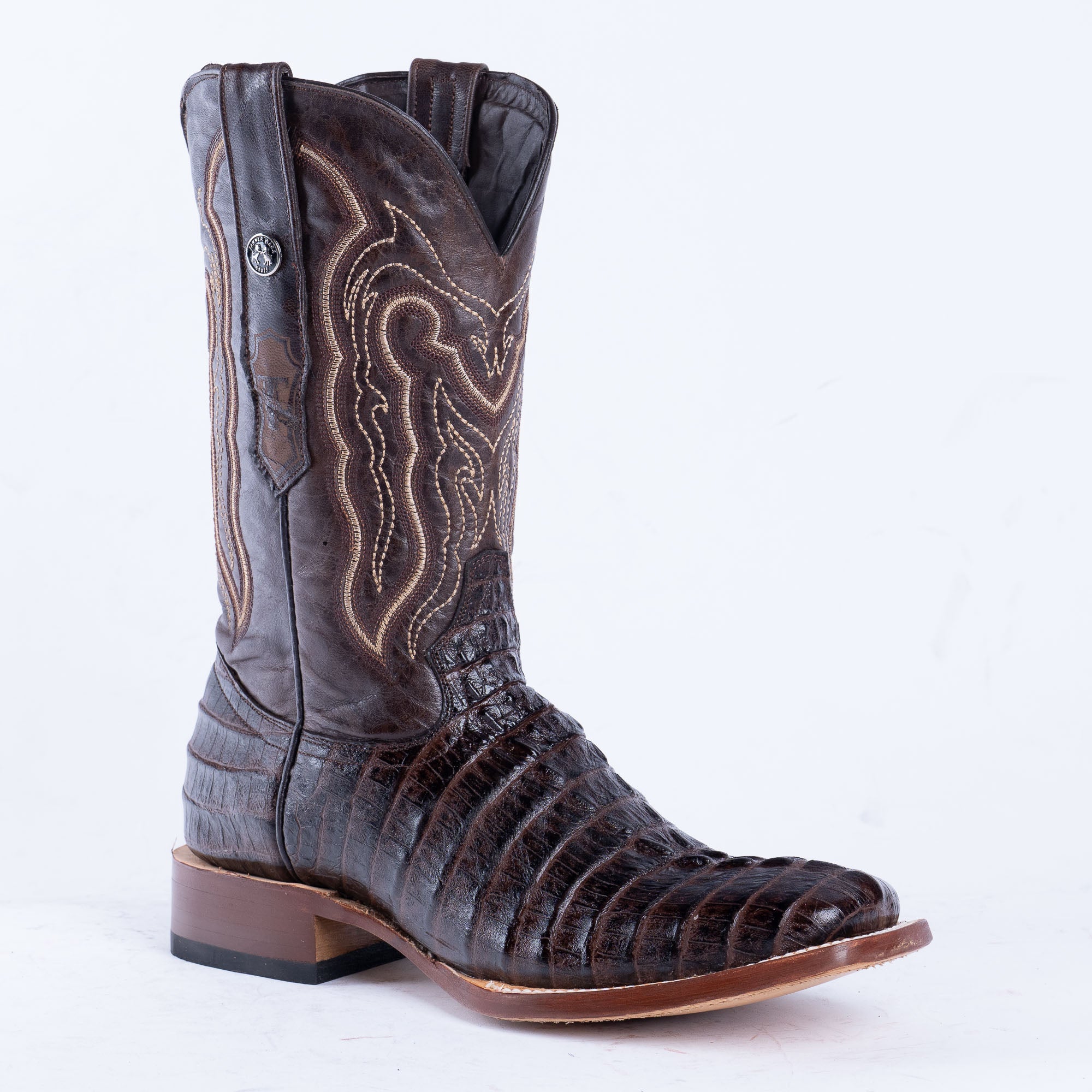 Botas vaqueras marrones con panza de caimán para hombre de TANNER MARK, parte superior azul volcán y suela híbrida
