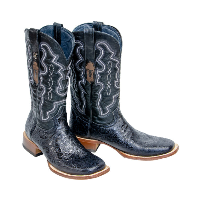 TANNER MARK MEN'S Hand Tooled Classic Black Print Western Boots Whit  Marble Black Top