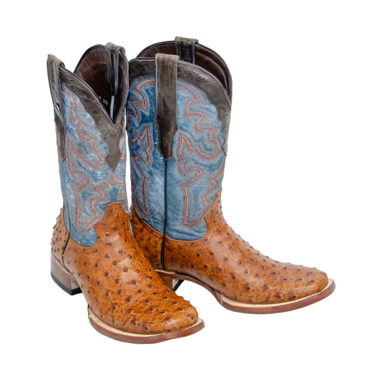 TANNER MARK MEN’S Matte Ostrich Rustic Cognac Western Boots Whit Montana Blue top