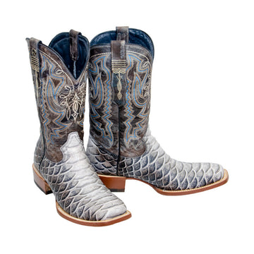 TANNER MARK MEN’S Python Jumbo Print Natural Western Boots Whit Toscana Blue Top