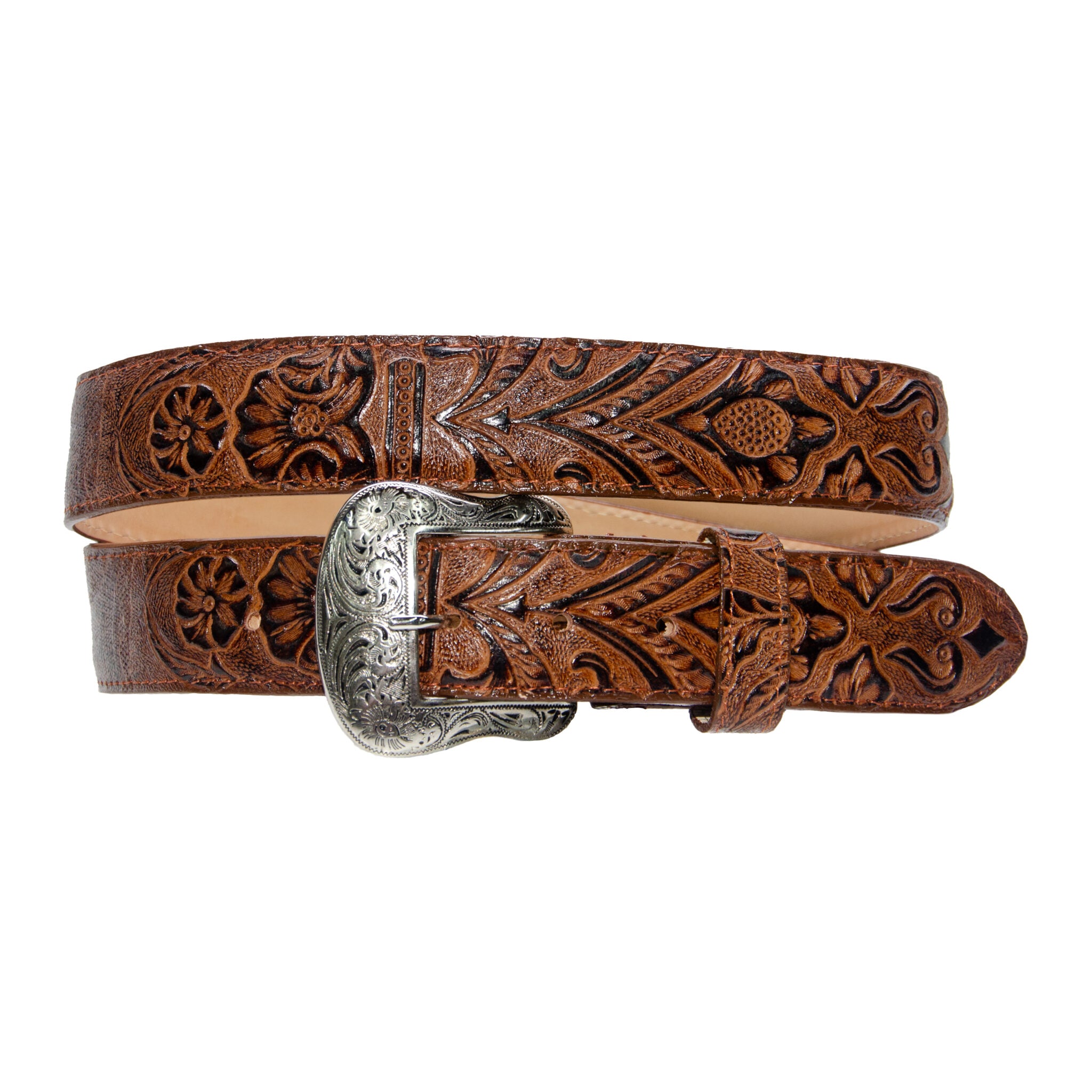 TANNER MARK BELT Cogñac Hand Tooled Print