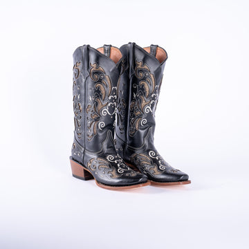 TANNER MARK WOMEN’S Venice Black Classic Black Cowgirl Boots With Gold Sparkle Inlay Top