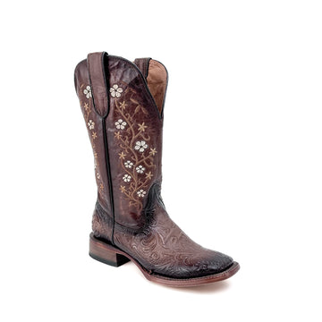 TANNER MARK WOMEN’S Hand Tool Burnished Natural Orix Cowgirl Boots Whit Floral Embroidery Top