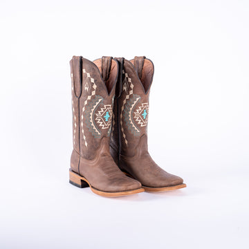 TANNER MARK WOMEN’S Albuquerque Crackle Brown Cowgirl Boots With Aztec Embroidery Top