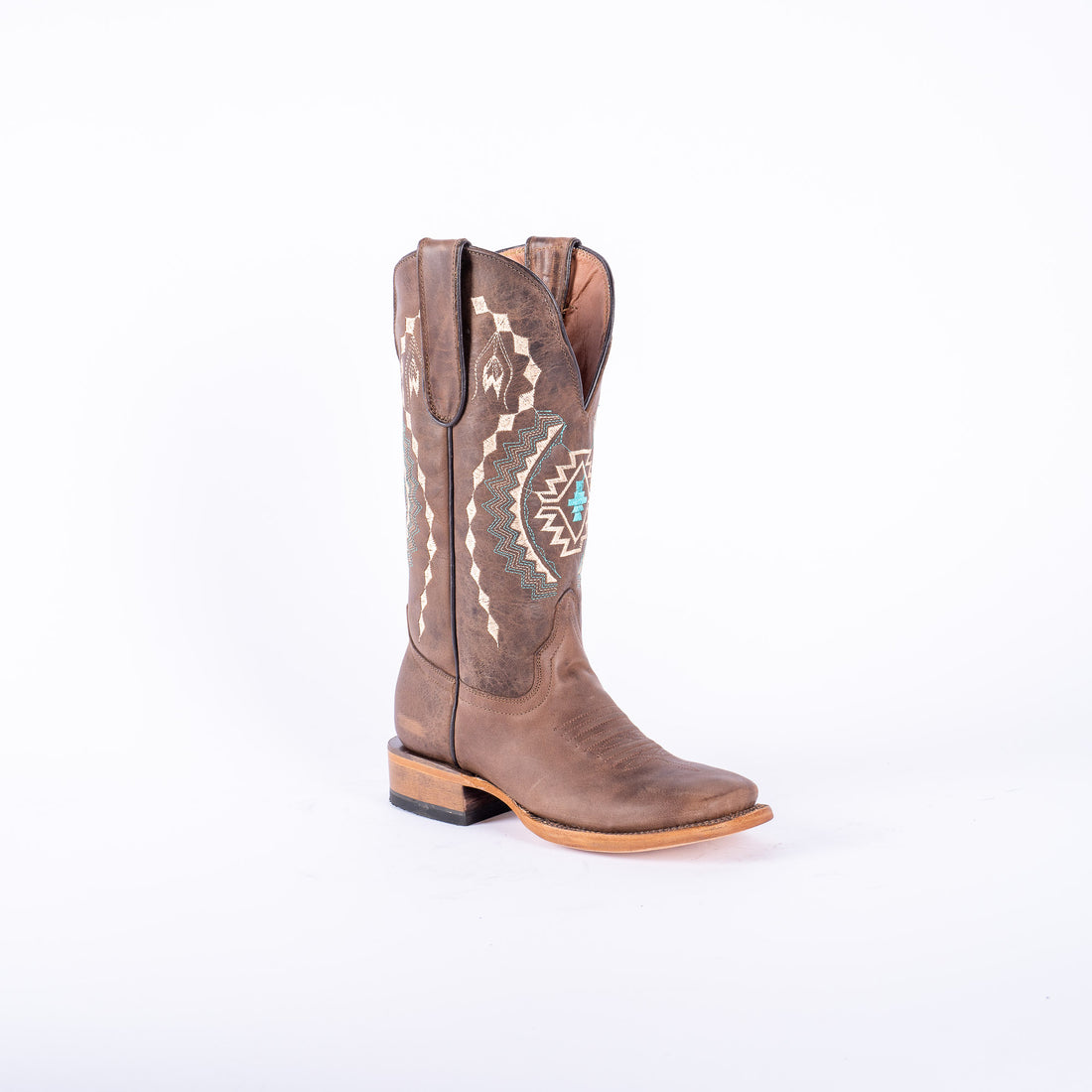 TANNER MARK WOMEN’S Albuquerque Crackle Brown Cowgirl Boots With Aztec Embroidery Top