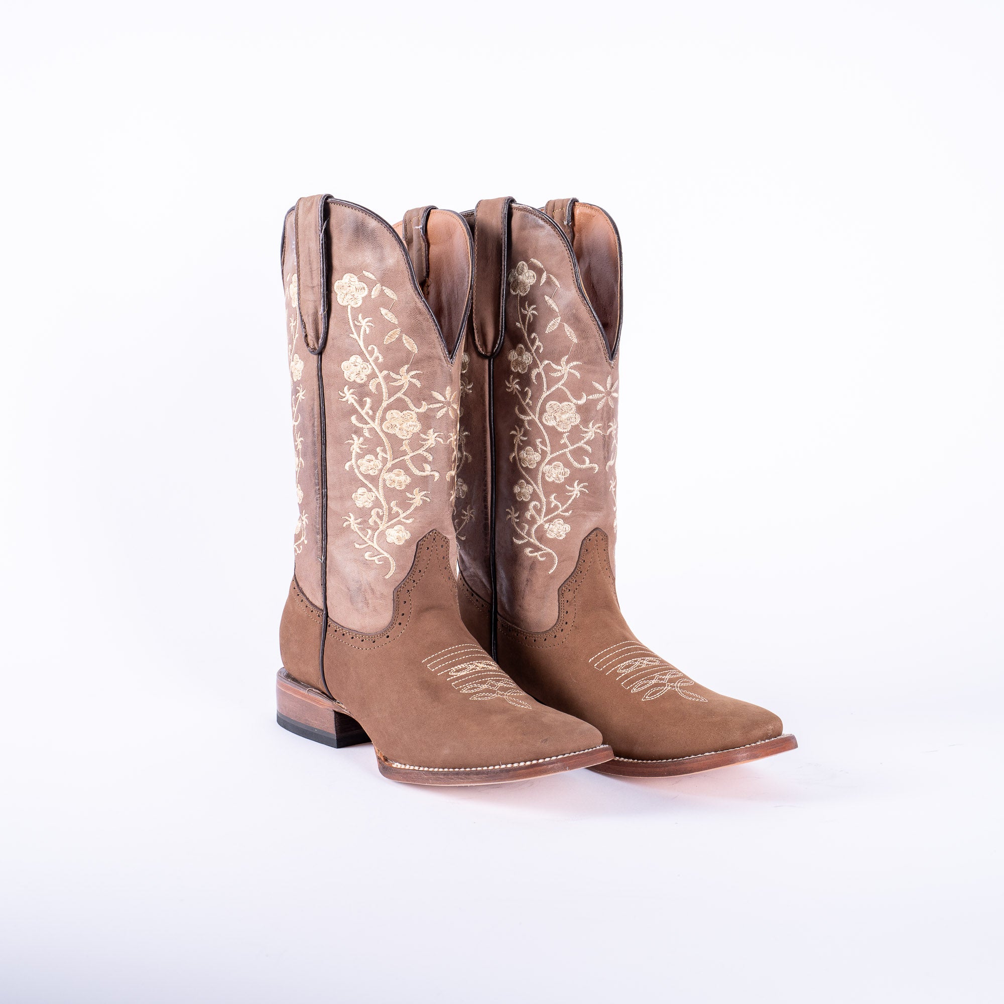 TANNER MARK WOMEN’S Turn-in Crazy Brown Cowgirl Boots With Floral Embroidery Top