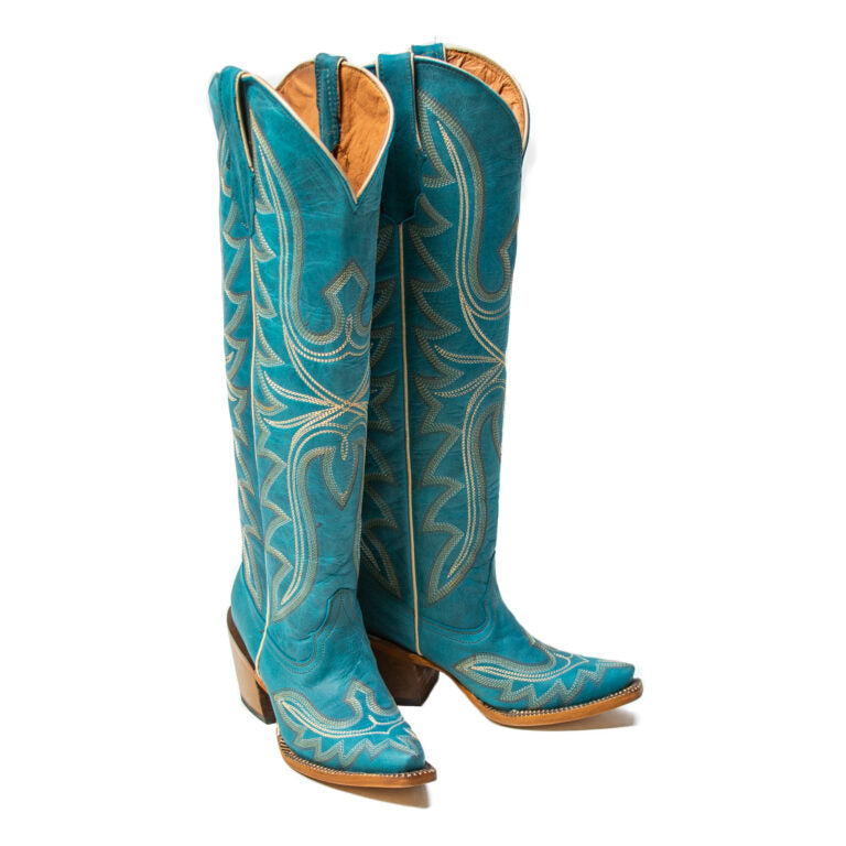 TANNER MARK WOMEN’S Billie Crackle Turquoise Fashion Heel Knee High Cowgirl Boots