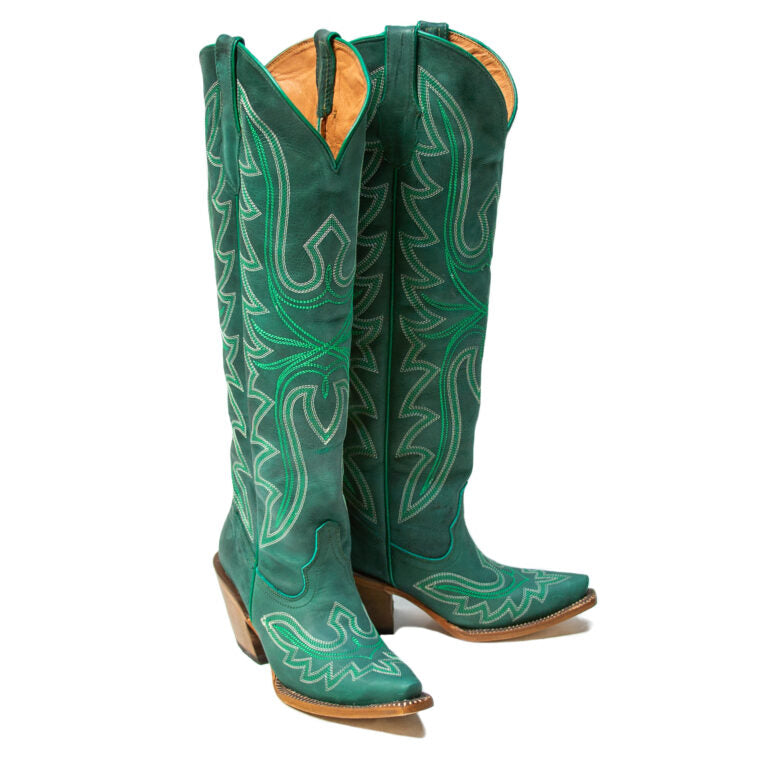 Botas vaqueras altas hasta la rodilla con tacón de moda verde craquelado Hadley para mujer de TANNER MARK