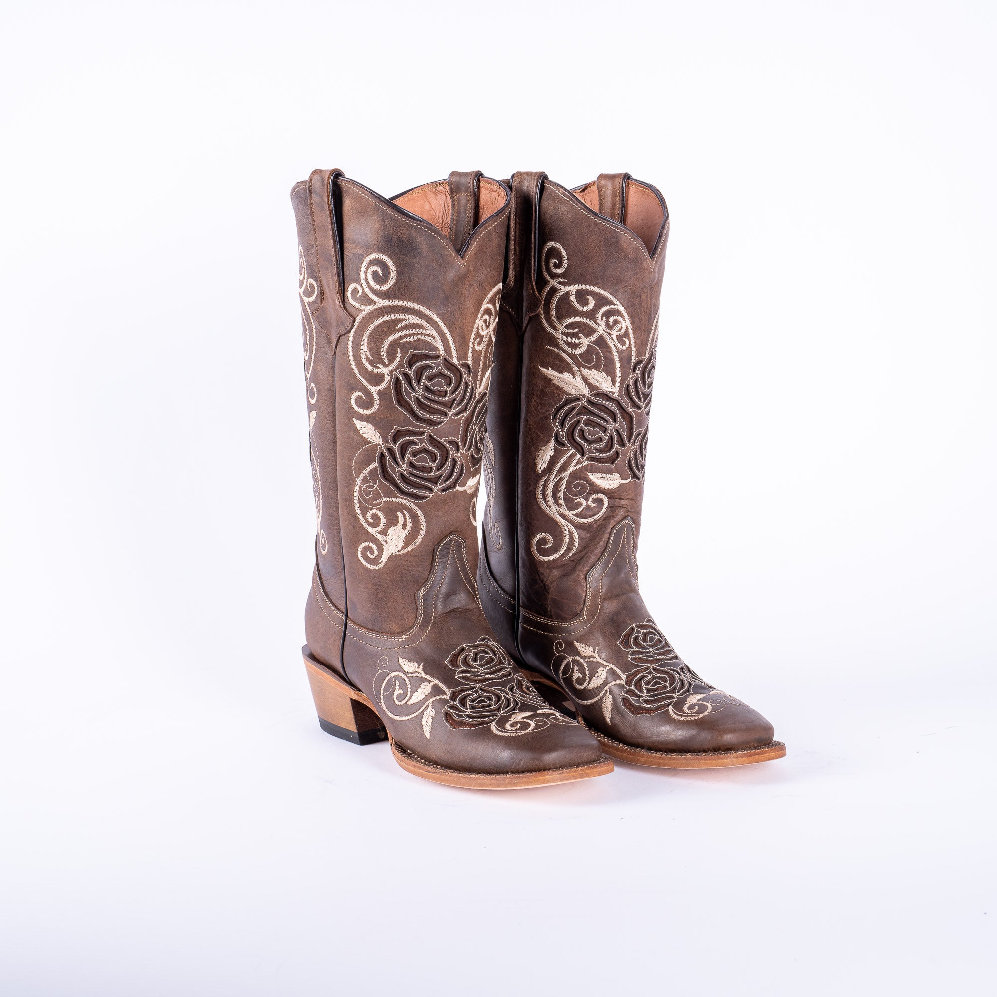 TANNER MARK WOMEN’S Nobuck Choco Cowgirl Boots With Triple Rose Inlay Top