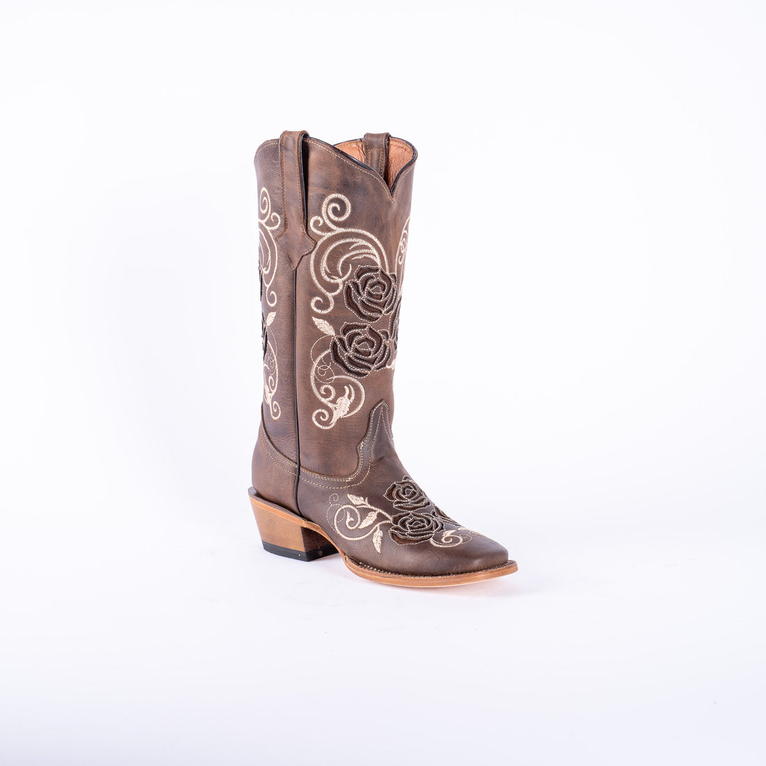 TANNER MARK WOMEN’S Nobuck Choco Cowgirl Boots With Triple Rose Inlay Top