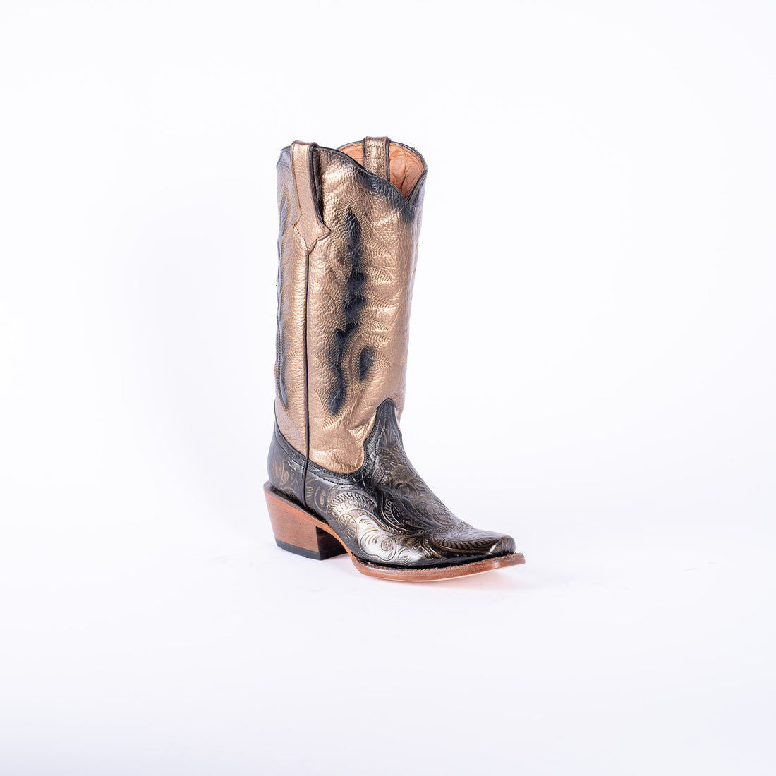 TANNER MARK WOMEN’S Handtooled Print Gold Cowgirl Boots With Burnished Gold Top