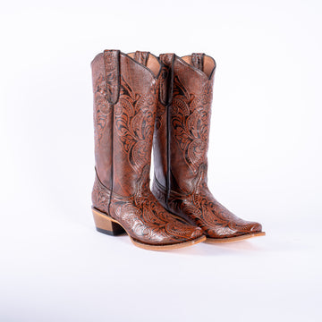 TANNER MARK WOMEN’S Handtooled Print Cognac Cowgirl Boots