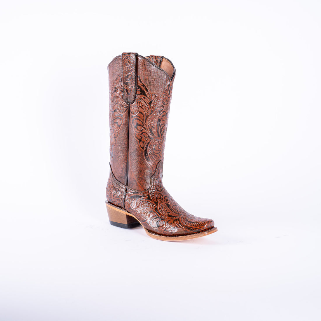 TANNER MARK WOMEN’S Handtooled Print Cognac Cowgirl Boots