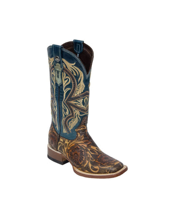 TANNER MARK WOMEN’S Hand Tool Jungle Orix-Cognac Cowgirl Boots With Volcano Blue Top