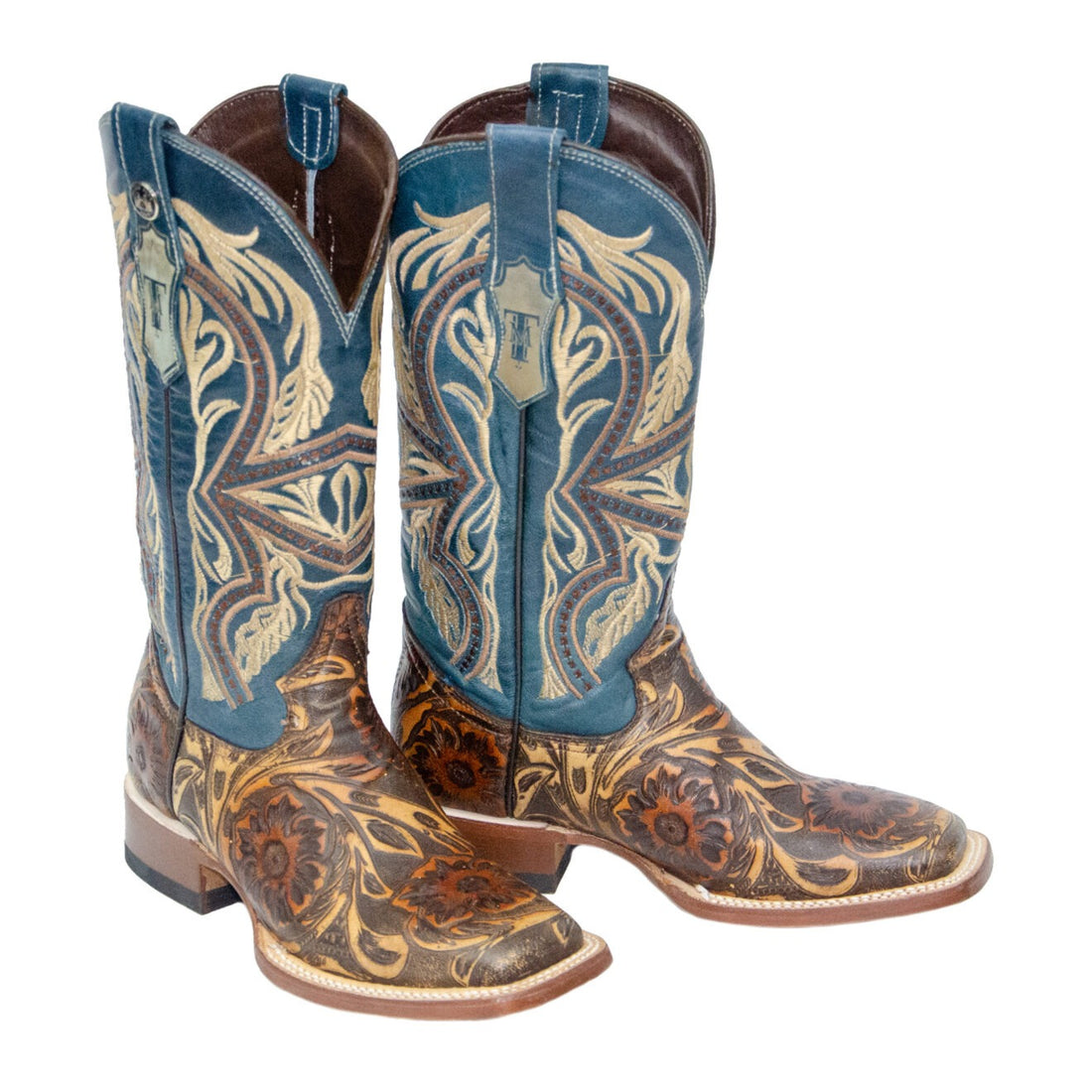 TANNER MARK WOMEN’S Hand Tool Jungle Orix-Cognac Cowgirl Boots With Volcano Blue Top