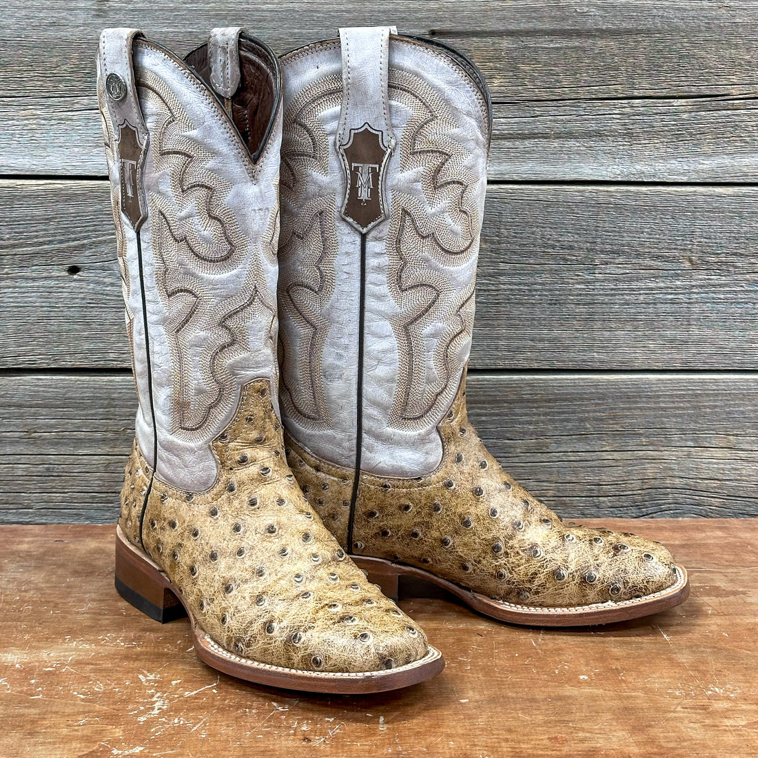 TANNER MARK WOMEN’S Ostrich Print Orix Cowgirl Boots Whit Indians Bone