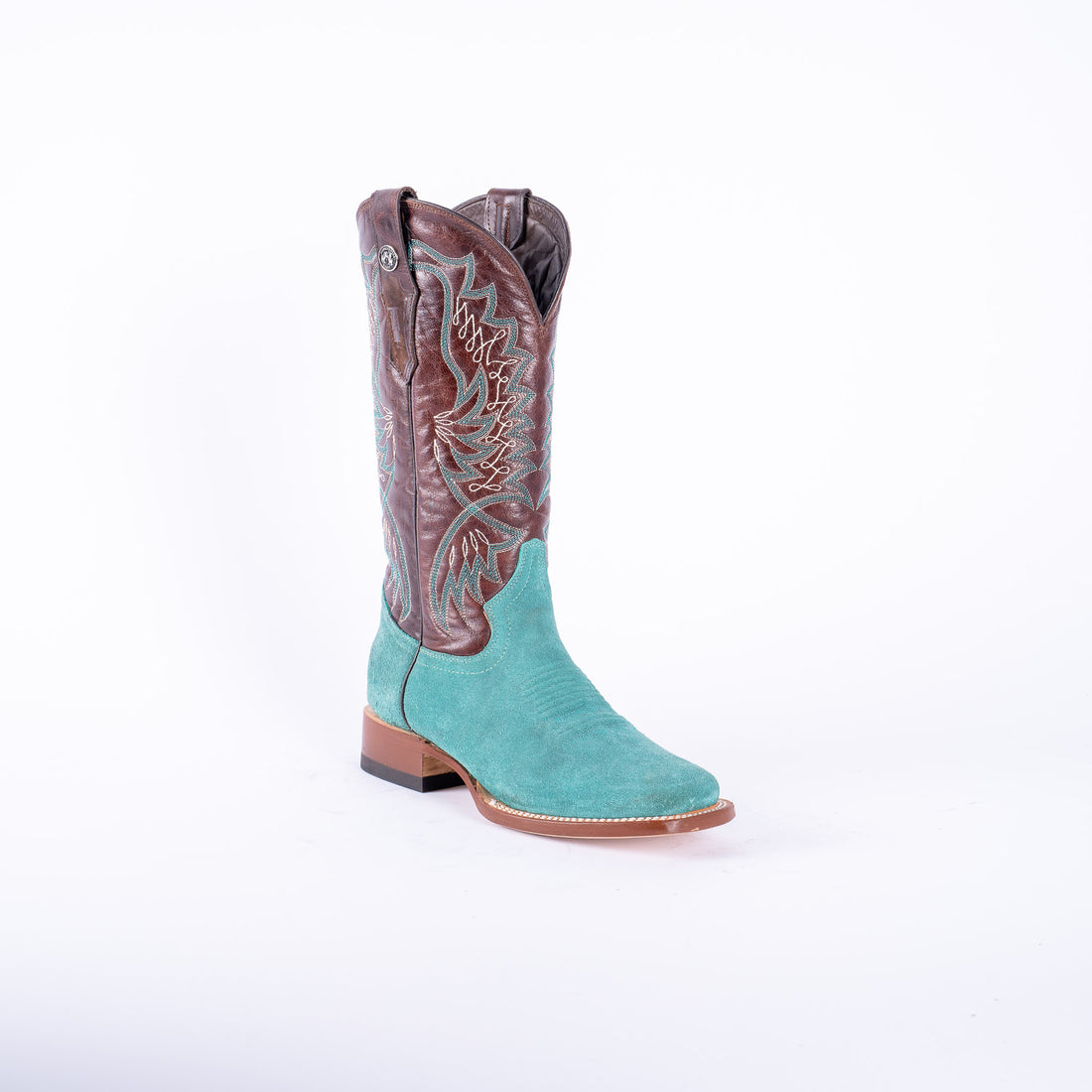 TANNER MARK WOMEN’S Ruff Out Turquoise Cowgirl Boots With Volcano Cognac Top