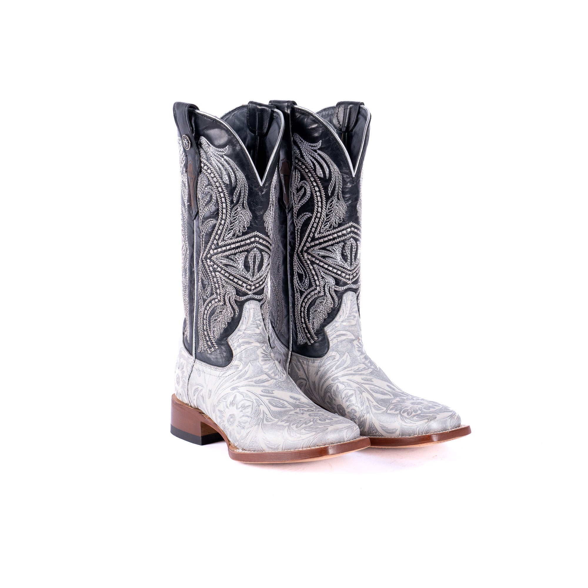 TANNER MARK WOMEN’S Jungle Handtooled White & Silver Cowgirl Boots With Volcano Black Top