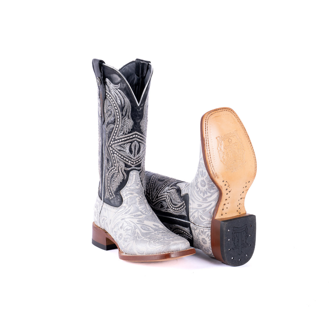 TANNER MARK WOMEN’S Jungle Handtooled White & Silver Cowgirl Boots With Volcano Black Top