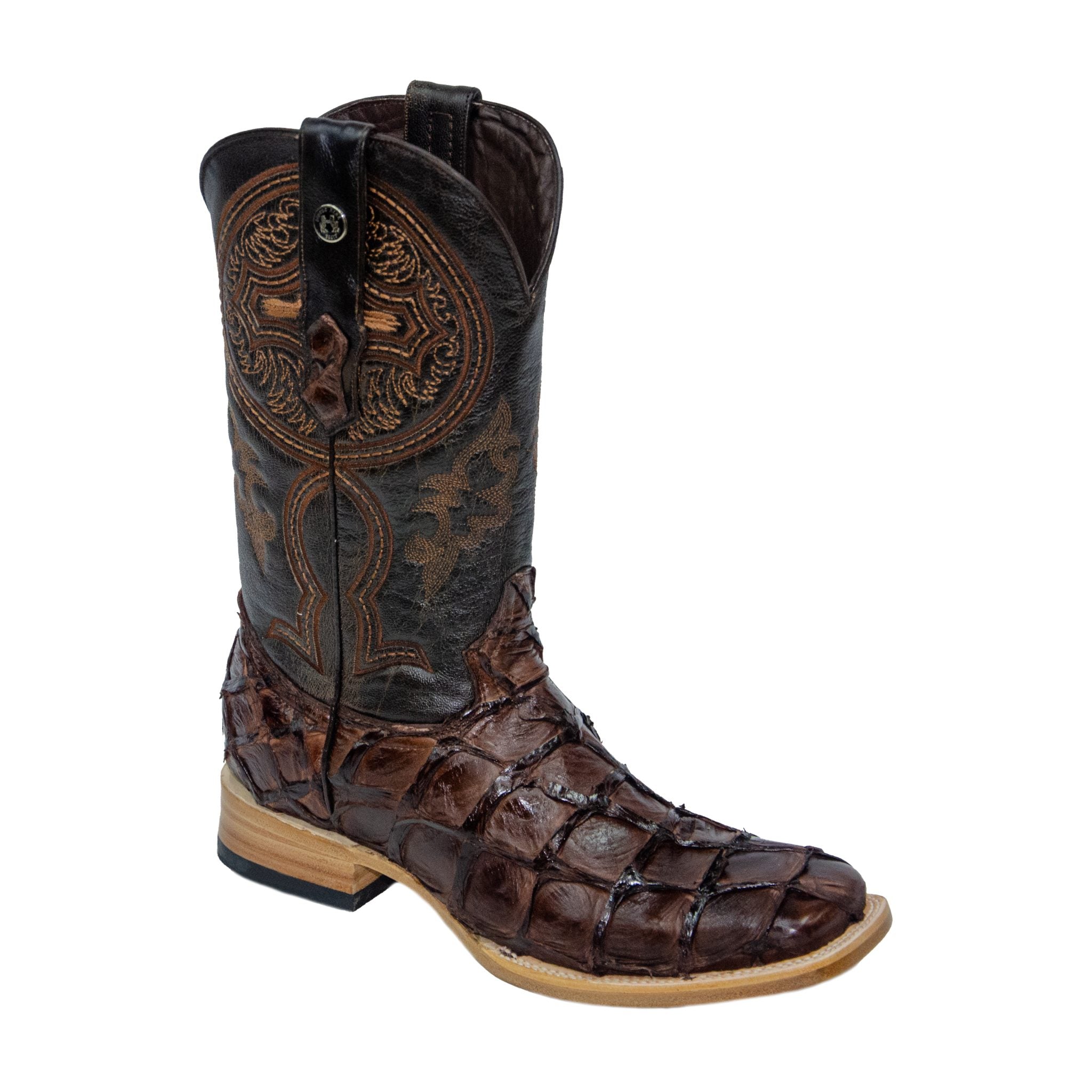 TANNER MARK MEN'S EXOTIC LEATHER Monster Fish Chocolate Brown Western Boots With Kabul Brown Top