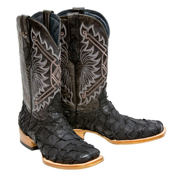 TANNER MARK MEN'S EXOTIC LEATHER Matte Monster Fish Black Western Boots With Oklahoma Black Top