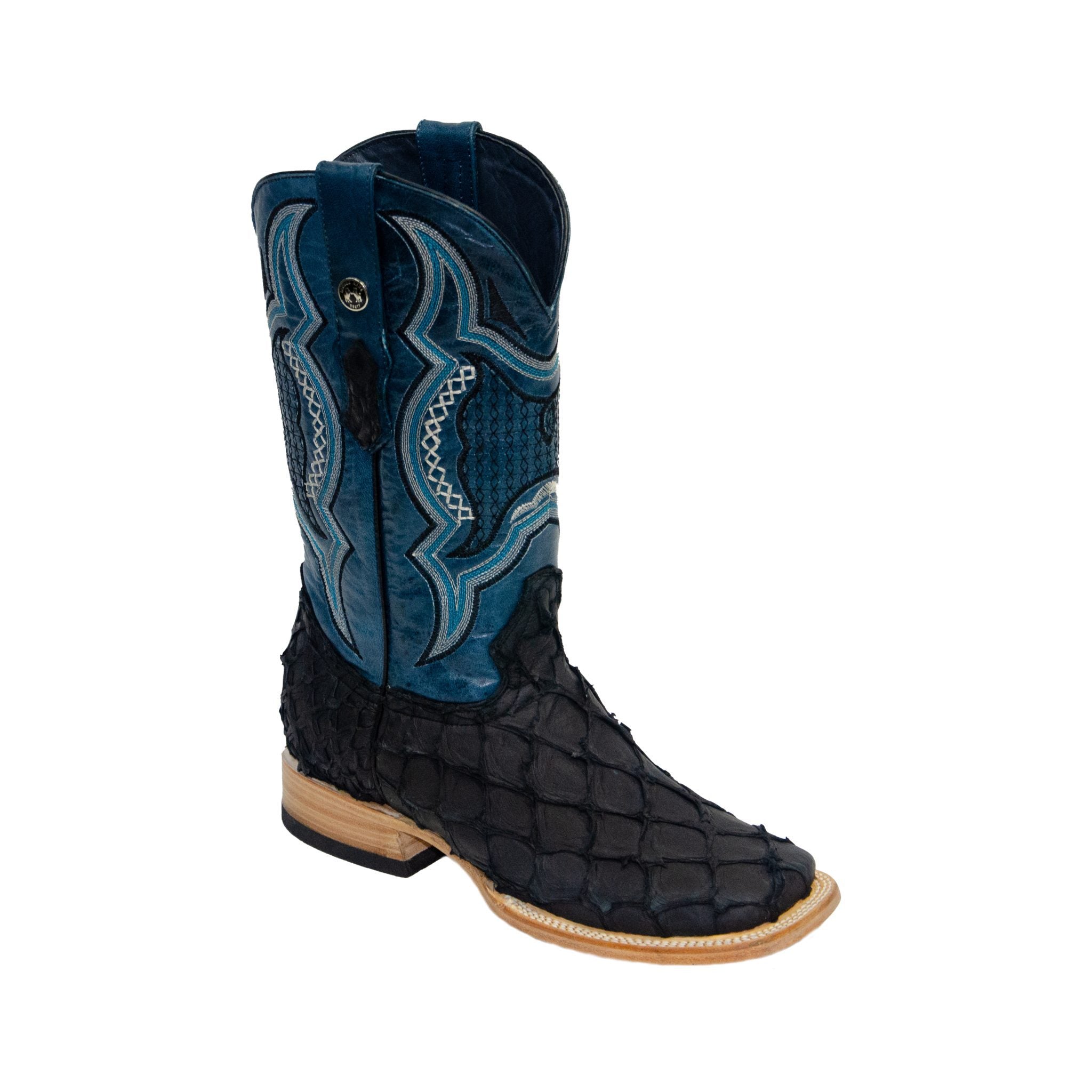 TANNER MARK MEN'S EXOTIC LEATHER Matte Monster Fish Black Western Boots With Volcano Blue Extra Wide Square Toe