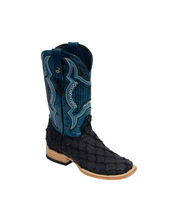 TANNER MARK MEN'S EXOTIC LEATHER Matte Monster Fish Black Western Boots With Volcano Blue Extra Wide Square Toe