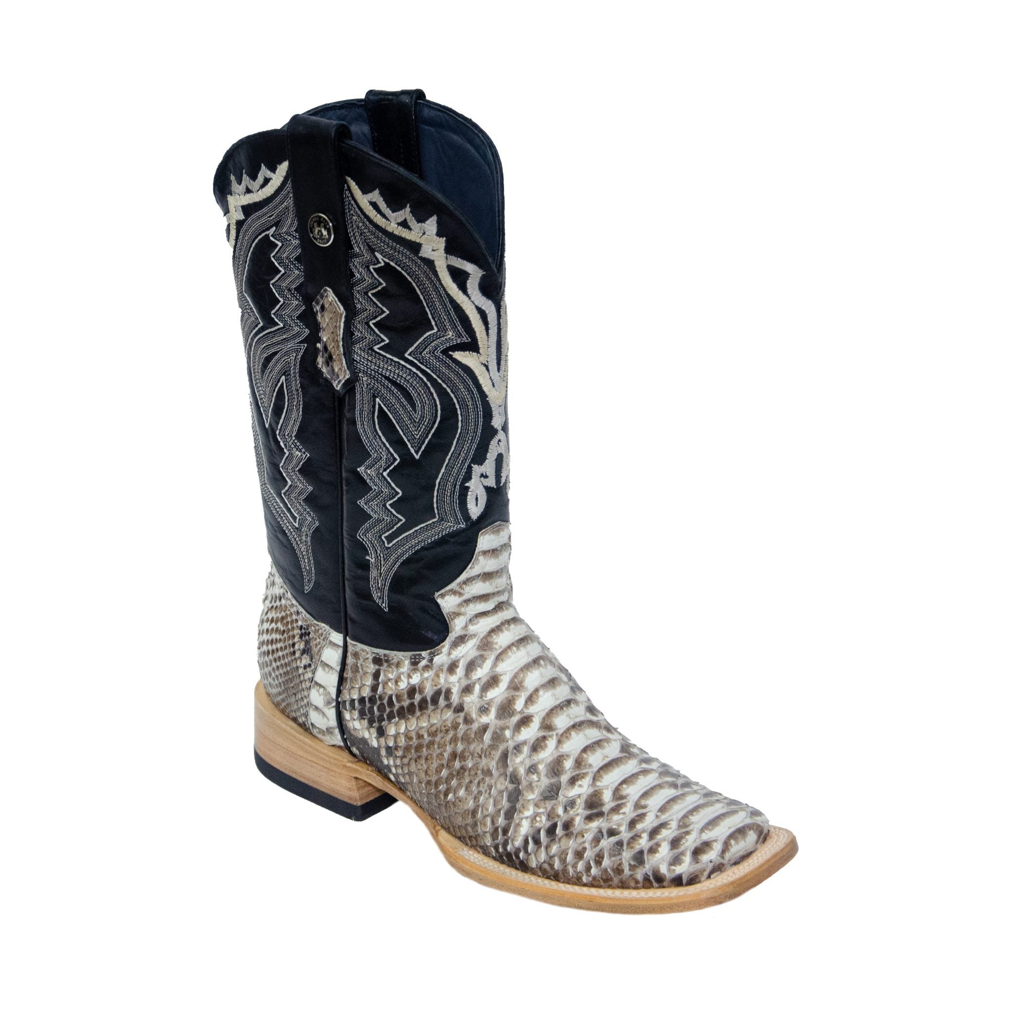 TANNER MARK MEN'S EXOTIC LEATHER Python Natural Western Boots With Volcano Black Top Extra Wide Square Toe