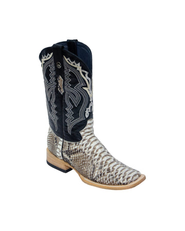 TANNER MARK MEN'S EXOTIC LEATHER Python Natural Western Boots With Volcano Black Top Extra Wide Square Toe